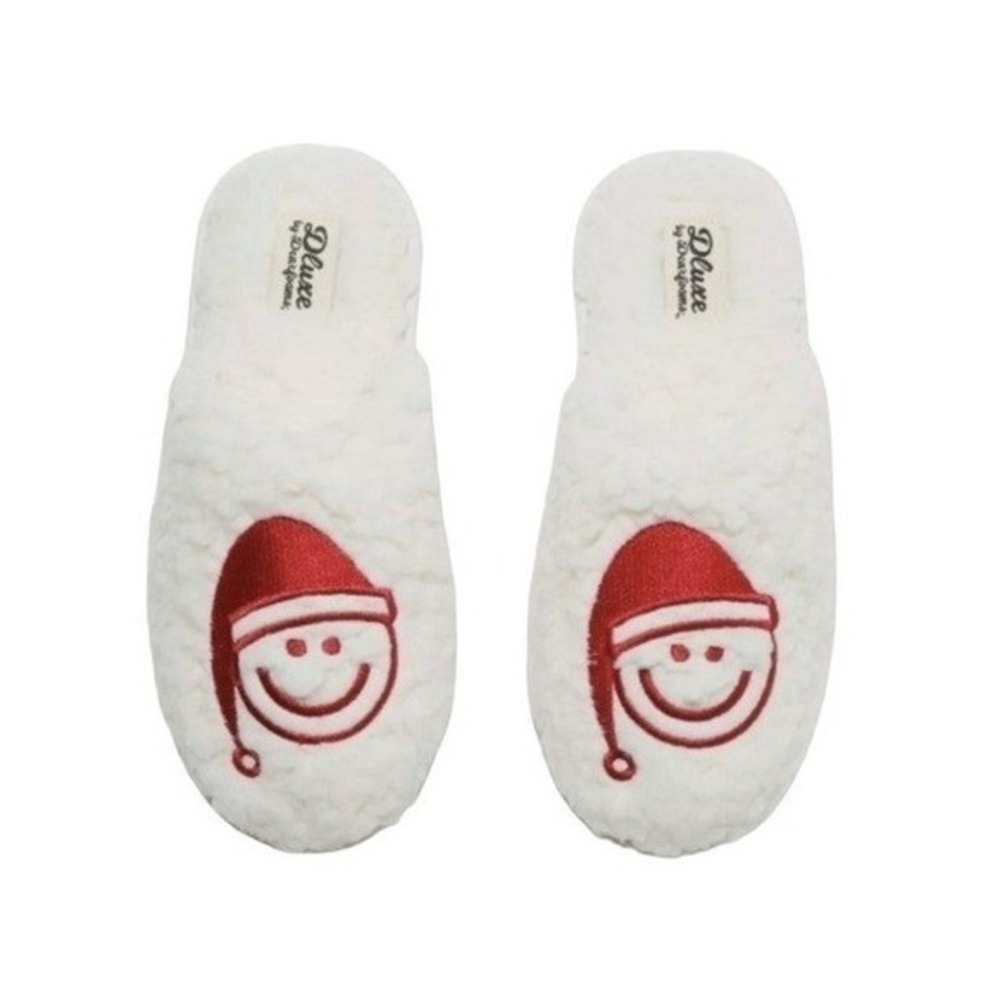 Dearfoams dluxe Santa Emoji Hat Sherpa Slippers Cream Red Slide L 9-10